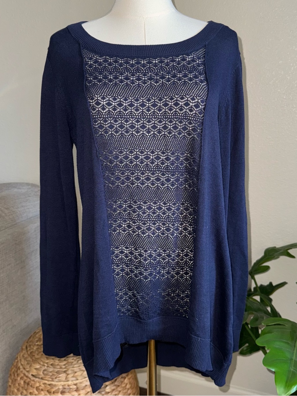 Large Navy Blue Knit Lace Hi Low Sweater Top Long Sleeve Lightweight Scoop Neck
